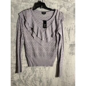 Bebe Silver Ruffle Diamond Knit‎ Long Sleeve Sweater Top L NEW